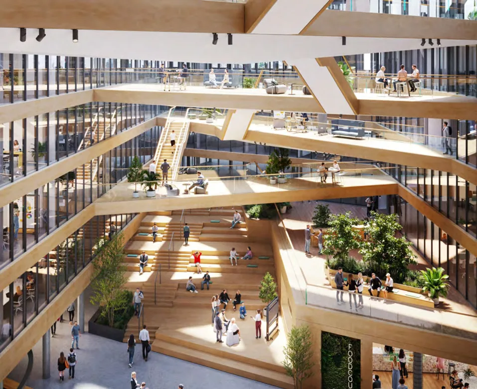 Blick in das Atrium mit Verbindungsbrücken über mehrere Ebenen