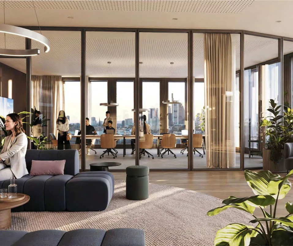 Bürofläche mit Lounge und Blick auf die Frankfurter Skyline