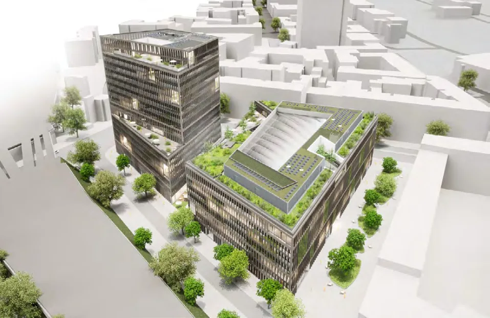 Modell von HPQ Offices mit Photovoltaik, Atrium und Biodiversitätsdach