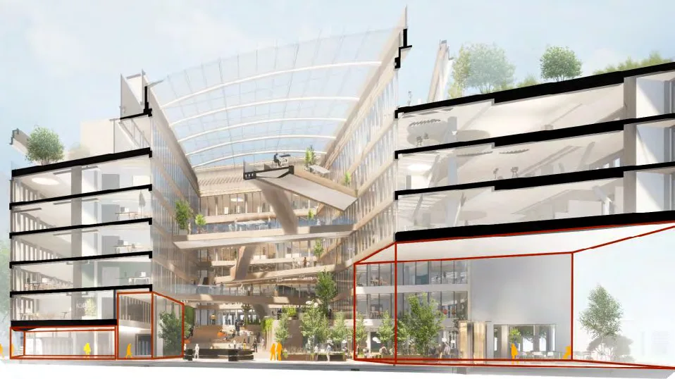 Schnitt durch HPQ Offices mit Atrium, Gastronomie und Dachterrassen