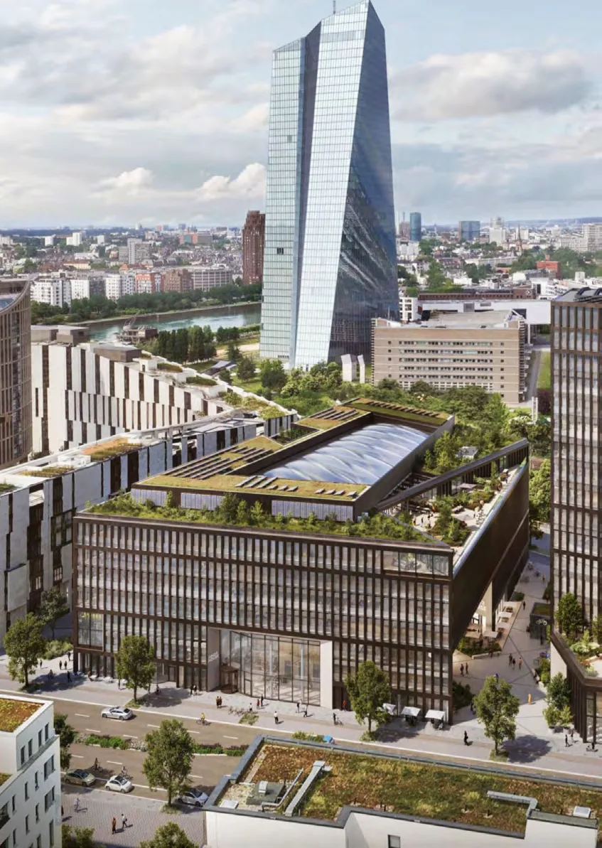 Das Hafenpark Quartier zwischen EZB und Main aus der Luft